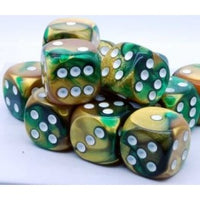 Chessex 16mm Dice Cube Gemini Gold/Green (12 dice)
