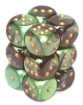 Chessex 16mm Dice Cube Gemini Black-Green/Gold (12 dice)