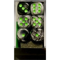 Chessex 16mm Dice Cube Gemini Black-Grey/Green (12 dice)
