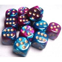 Chessex 16mm Dice Cube Gemini Purple-Teal/Gold (12 dice)