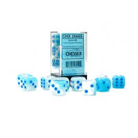 Chessex 16mm Dice Cube Gemini Pearl Turquoise-White/Blue Luminary (12 dice)
