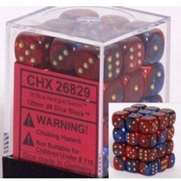 Chessex 12mm Dice Cube Gemini Blue-Red/Gold (36 dice)