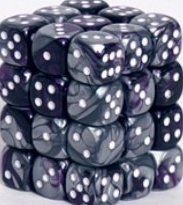 Chessex 12mm Dice Cube Gemini Purple-Steel/White (36 dice)