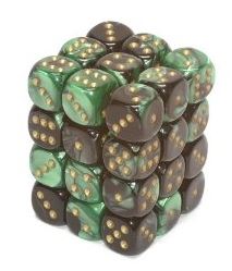 Chessex 12mm Dice Cube Gemini Black-Green/Gold (36 dice)