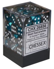 Chessex 12mm Dice Cube Steel-Teal With White (36 dice)