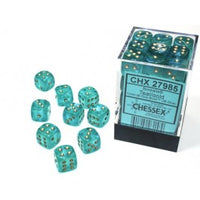 Chessex 12mm Dice Cube Borealis Teal/Gold Luminary (36 dice)