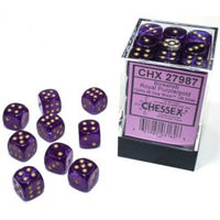 Chessex 12mm Dice Cube Gemini Borealis Royal Purple/Gold Luminary (36 dice)