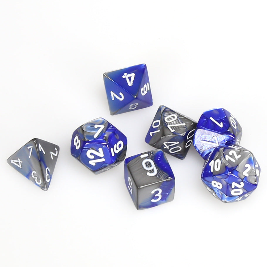 Chessex 7-Die Set Dice Cube Gemini Blue and Silver with White