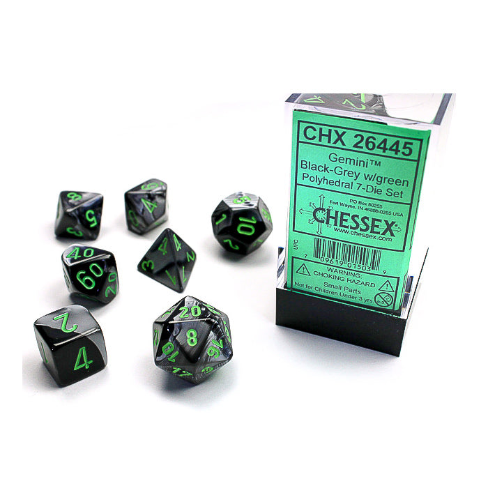 Chessex 7-Die Set Dice Cube Gemini Black and Grey with Green