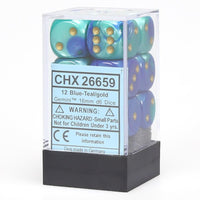 Chessex 16mm Dice Cube Gemini Blue and Teal with Gold (12 dice)
