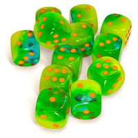 Chessex 16mm Dice Cube Gemini Plasma Luminary Green-Teal/orange (12 dice)