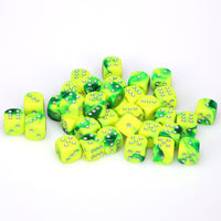 Chessex 12mm Dice Cube Gemini Green and Yellow with Silver (36 dice)