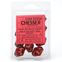 Chessex D10 Set Vortex Burgandy with Gold