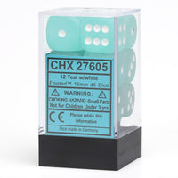 Chessex 16mm Dice Cube Frosted Teal with White (12 dice)