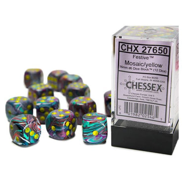 Chessex 16mm Dice Cube Festive Mosaic with Yellow