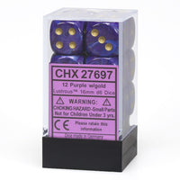 Chessex 16mm Dice Cube Lustrous Purple with Gold (12 dice)