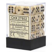 Chessex 12mm Dice Cube Marble Ivory with Black (36 dice)
