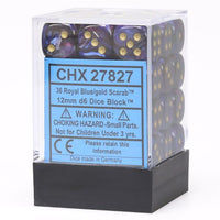 Chessex 12mm Dice Cube Scarab Royal Blue with Gold (36 dice)