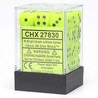 Chessex 12mm Dice Cube Vortex Bright Green with Black (36 dice)