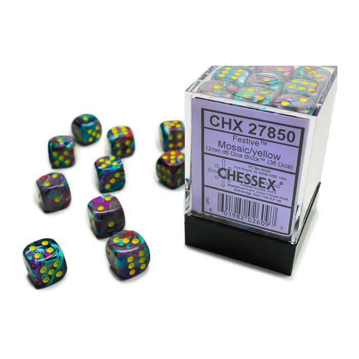 Chessex 12mm Dice Cube Festive Mosaic with Yellow (36 dice)