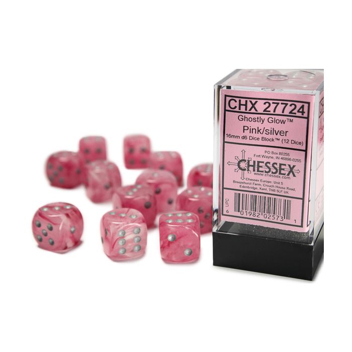 Chessex 16mm Dice Cube Ghostly Glow Pink with Silver (12 dice)