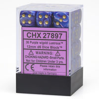 Chessex 12mm Dice Cube Lustrous Purple with Gold (36 dice)