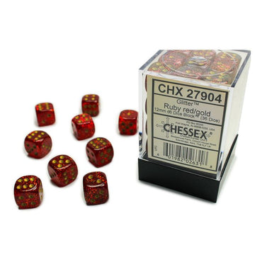 Chessex 12mm Dice Cube Glitter Ruby with Gold (36 dice)