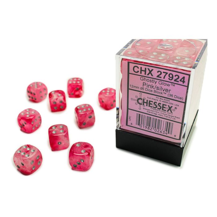 Chessex 12mm Dice Cube Ghostly Glow Pink with Silver